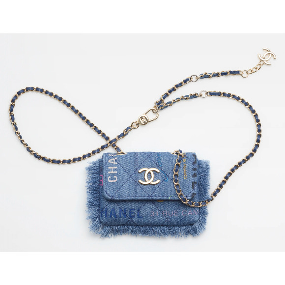 Chanel 22P Blue Denim Graffiti Black Pink CC Logo Frayed Credit Card Belt Bag - Picture 1 of 16
